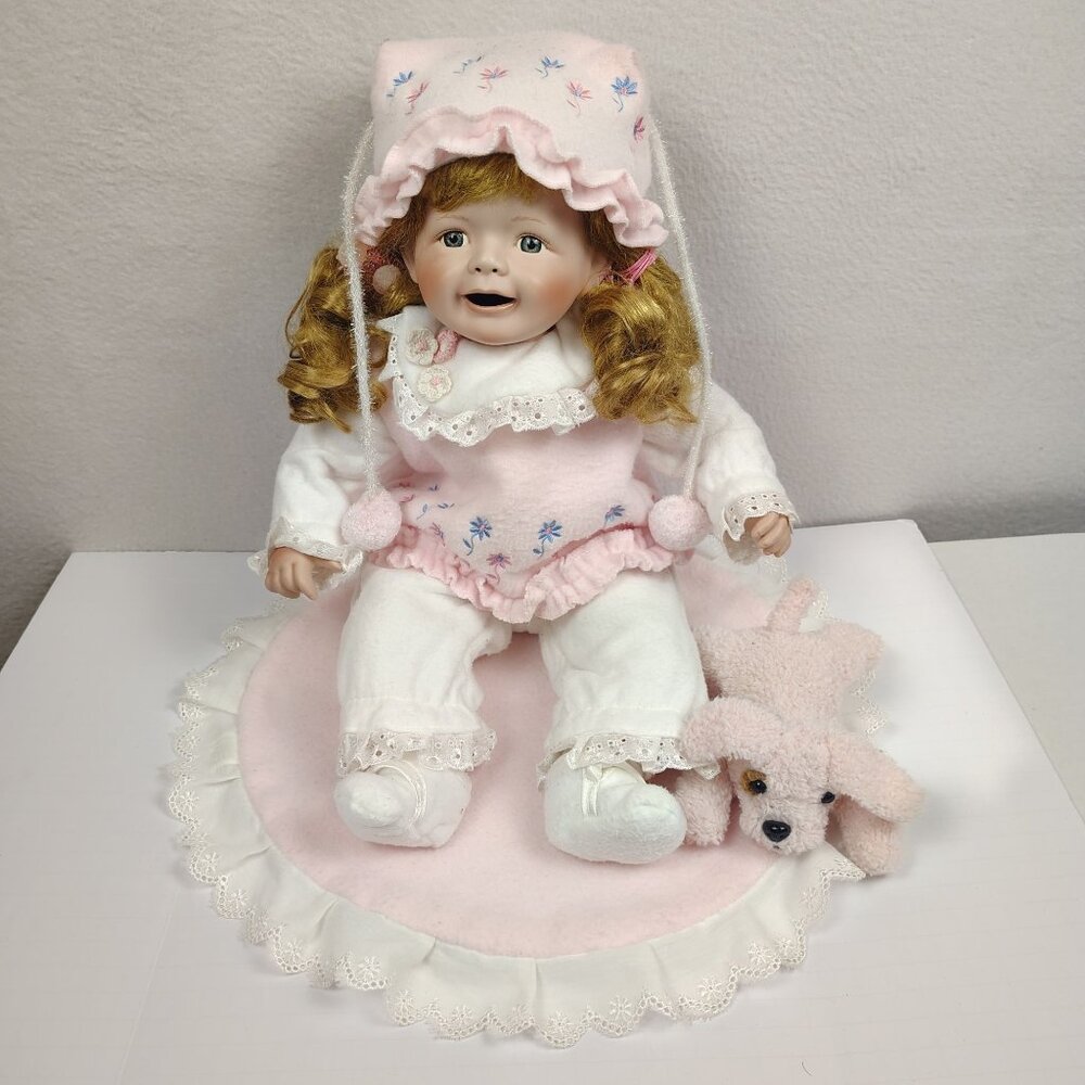 Vintage Porcelain Doll Wintac Enterprise Co. Baby Girl Blond Pink Dog